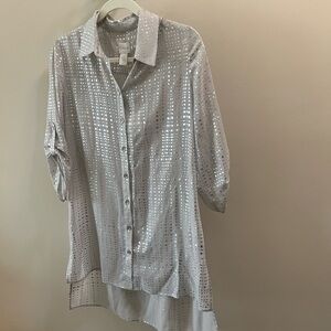 Chico's Silver Sequin Tunic Button down Sheer Top Size 1 ( med 8-12)NWT